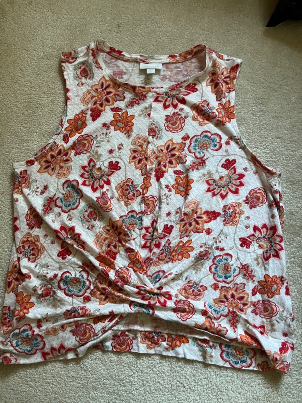 J Jill Sleeveless linen Floral Twist-Front Tank Top - Red & Orange Floral Sz L